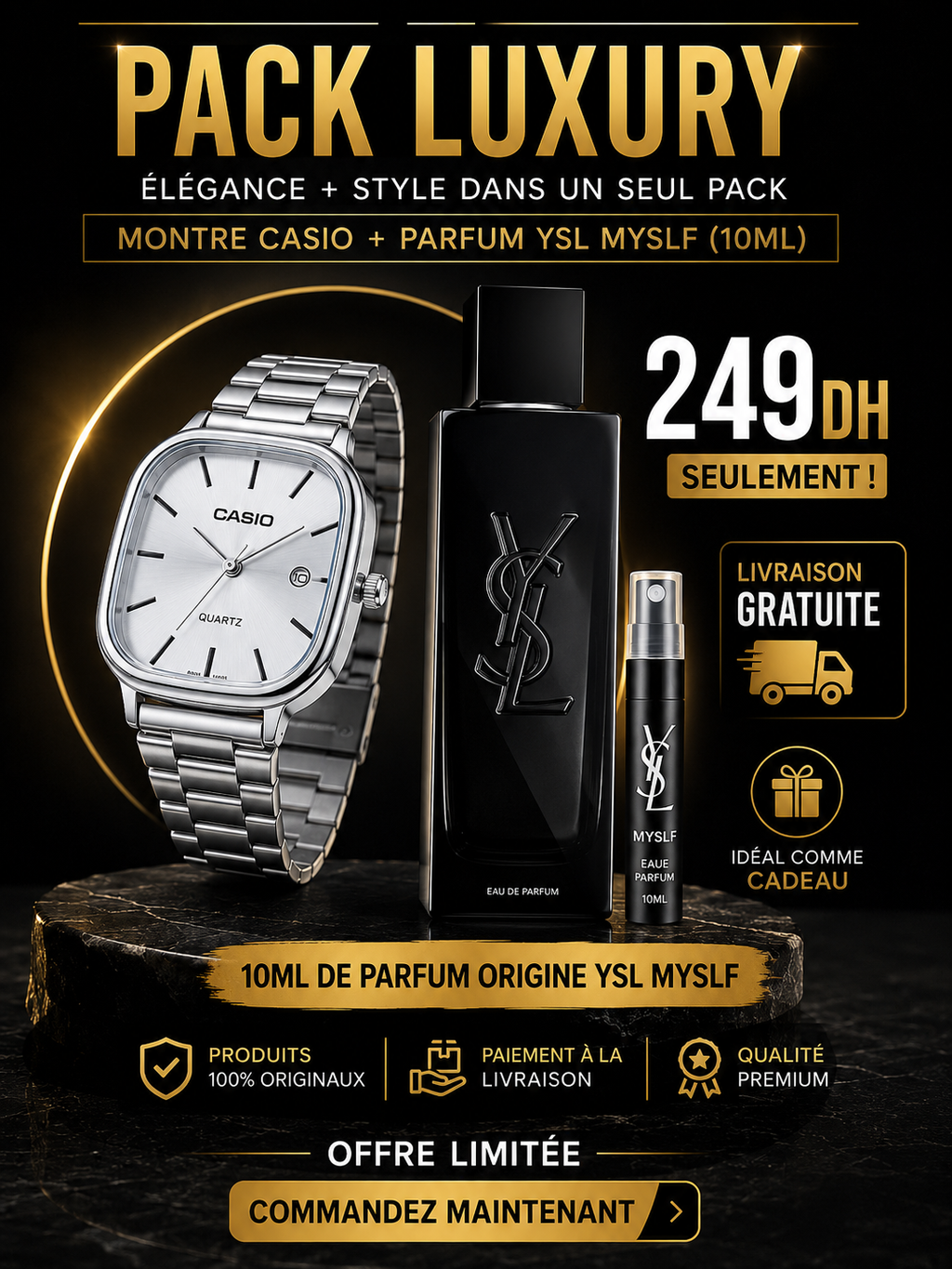 a// PACK LUXURY CASIO FULL BLACK avec la boite + 10 Ml YSL MYSELF